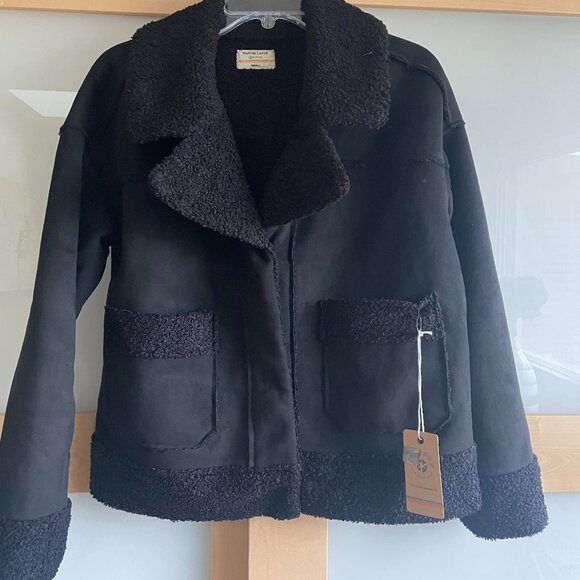 Marine Layer Womens Black Vegan Sherpa Jacket Snap Button Front Collared Sz S - Picture 1 of 4